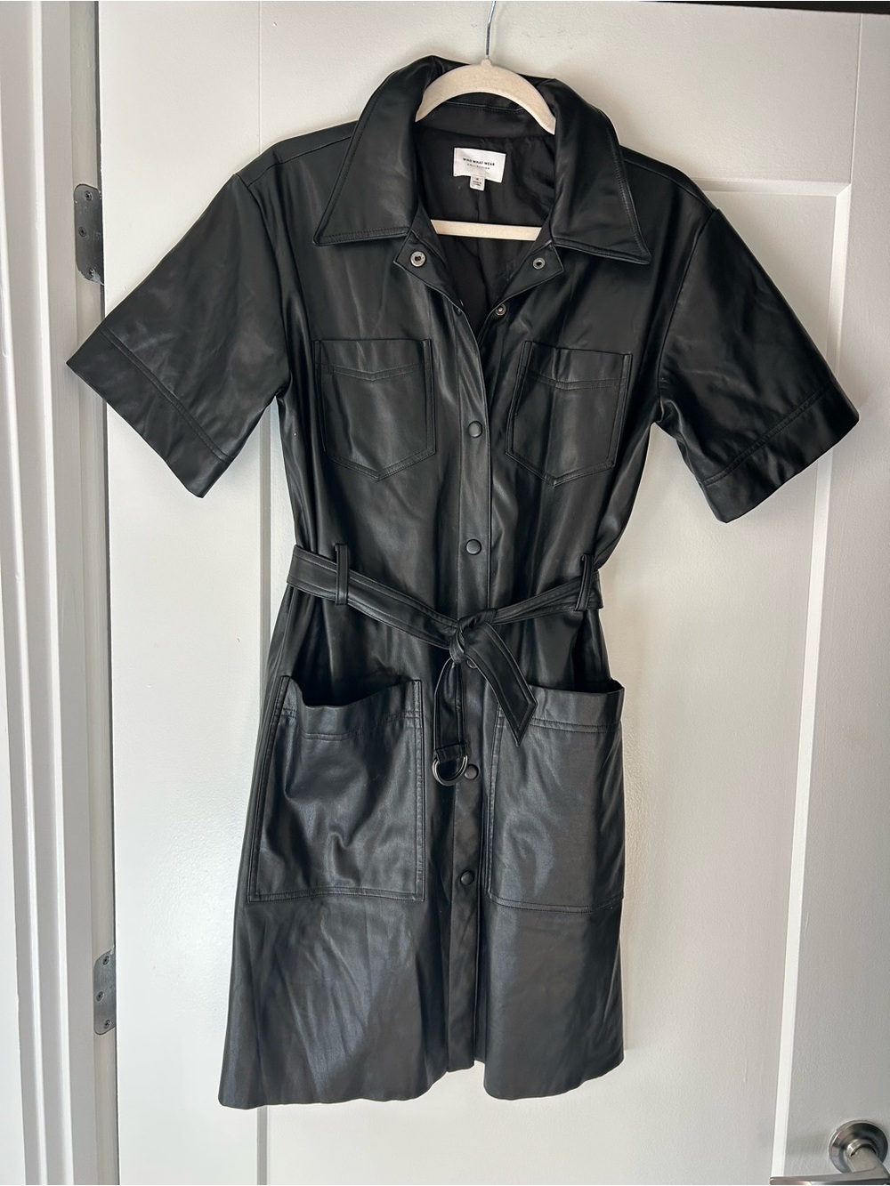 Who What Wear Black Faux Leather Dress with Snap Details